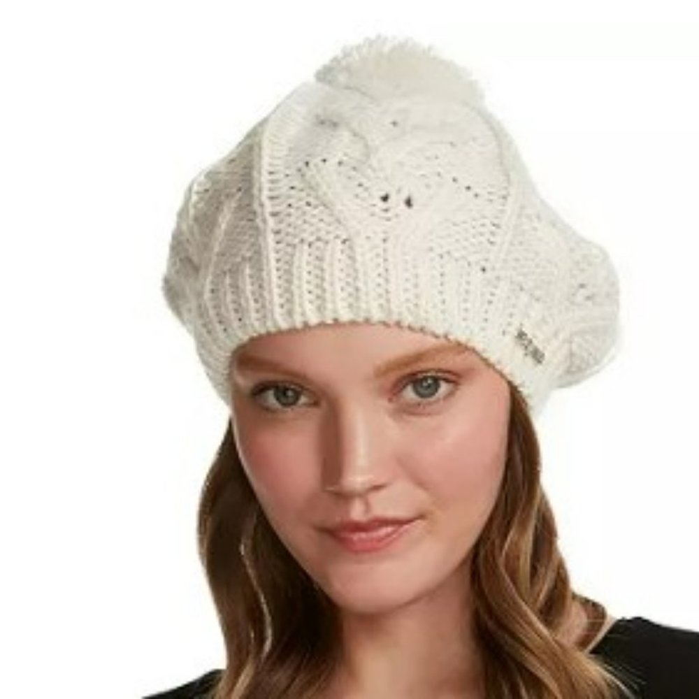 Steve Madden Beret Cable Knit Plush Pom Pom Cream Ivory One Size New